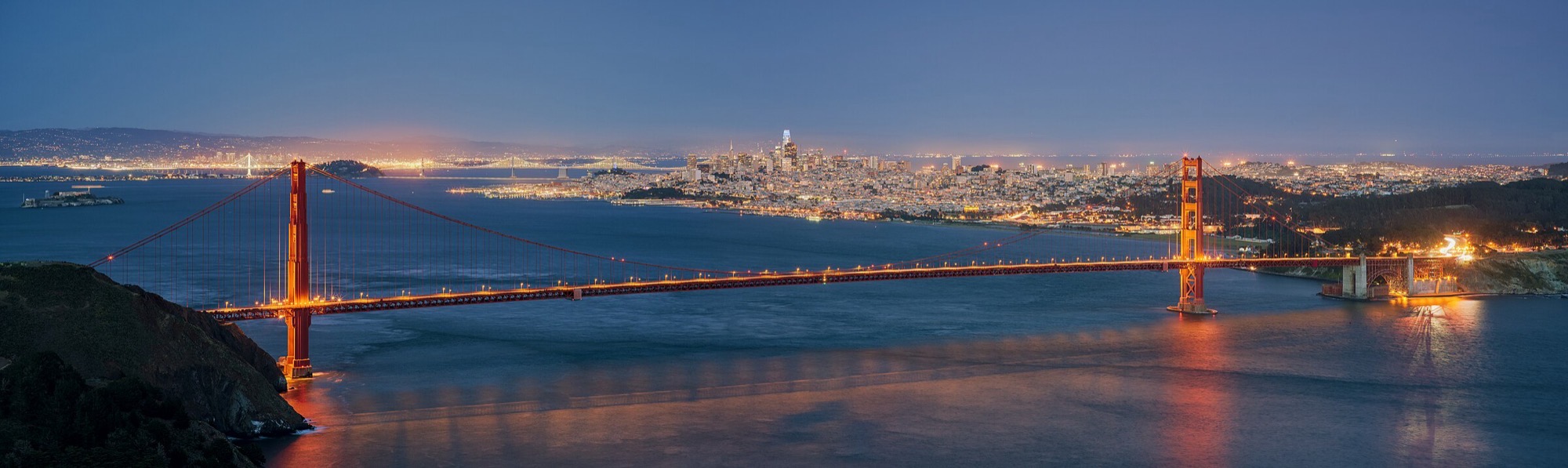 San Francisco skyline and the Golden Gate Bridge at blue hour